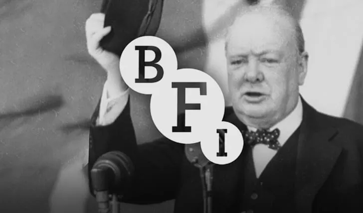 BFI logo in front of Winston Churchill giving a speech.